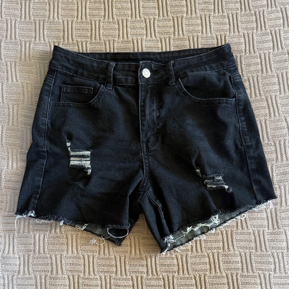 71% Cotton Women's Black Distressed Denim Jean Shorts